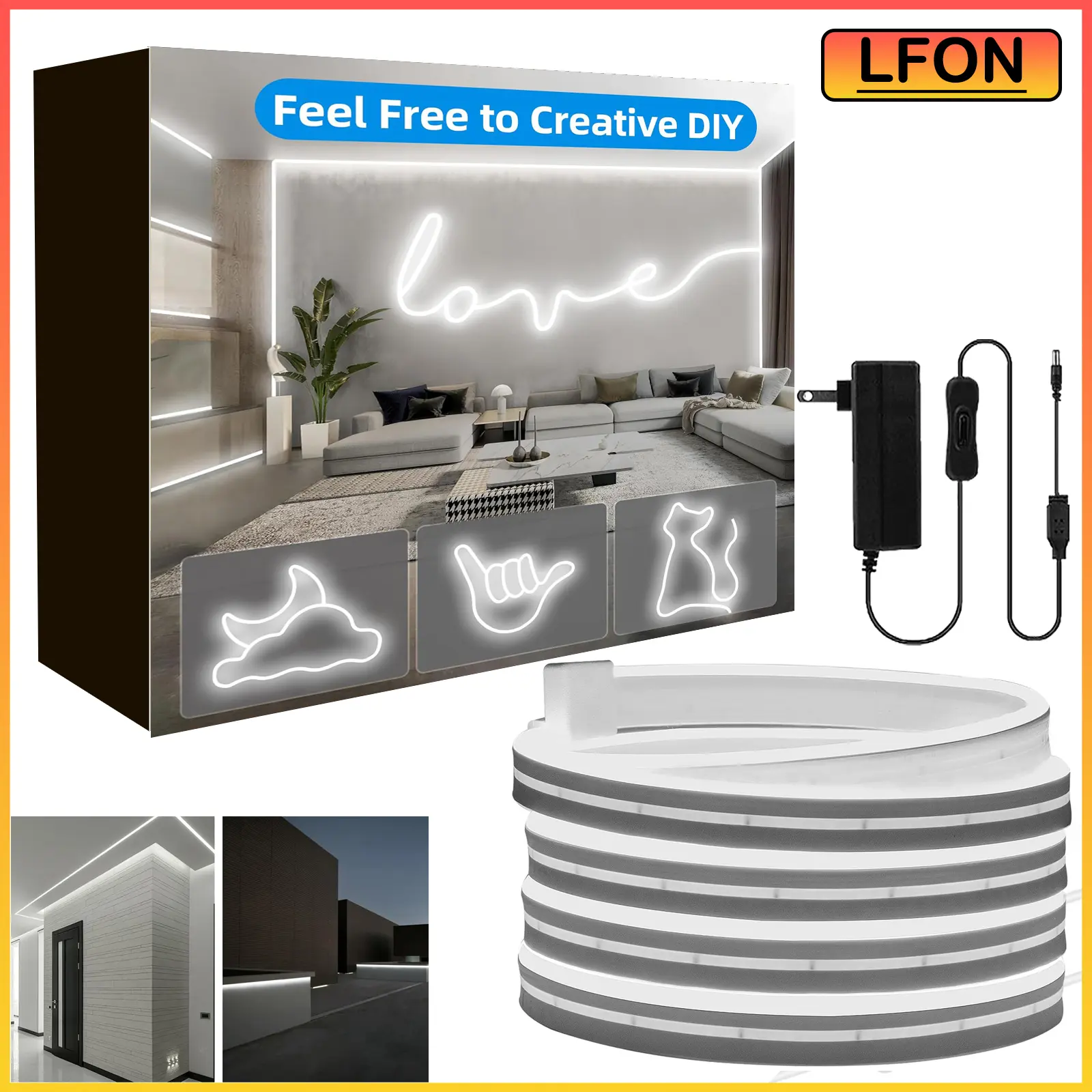 32.8ft/10M 24V IP65 Neon Rope Light, LED neon light with switch control, LED neon light , Christmas use, adjustable flexible neon light strip, New Year, bedroom, party