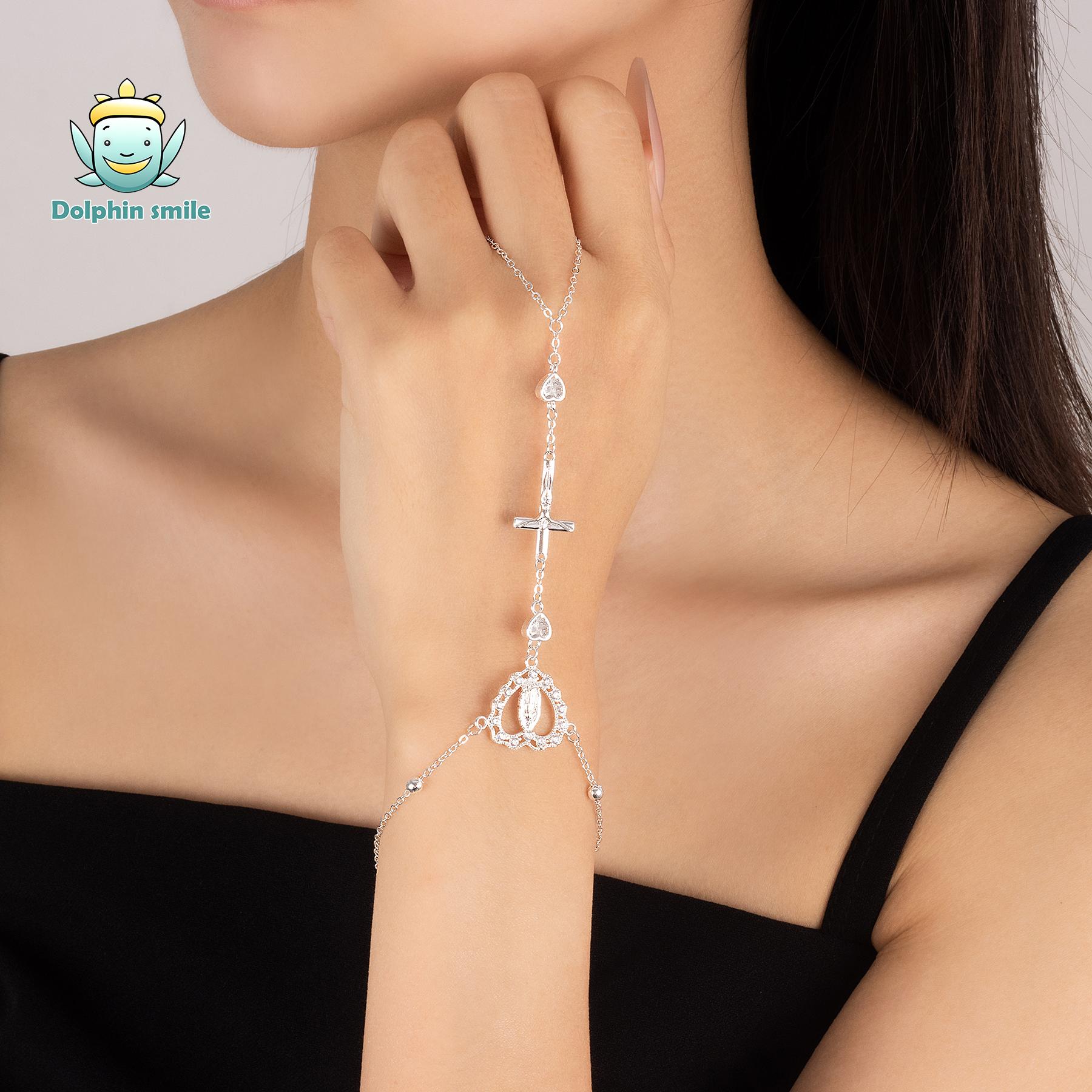 Virgen Mary Women Bracelet San Judas Tadeo 14K Gold Plated Hand Chain with Cubic Zirconia Dainty Ring Set Lightweight Trendy Jewelry