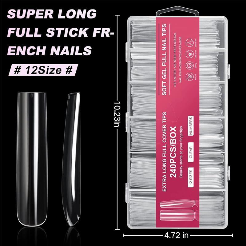 Extra Long Square Full Cover Nail Tips 240PCS XXXL Clear 12 Sizes Tapered Square Press on Fake Nails for Acrylic Nails Salons Home DIY with Box