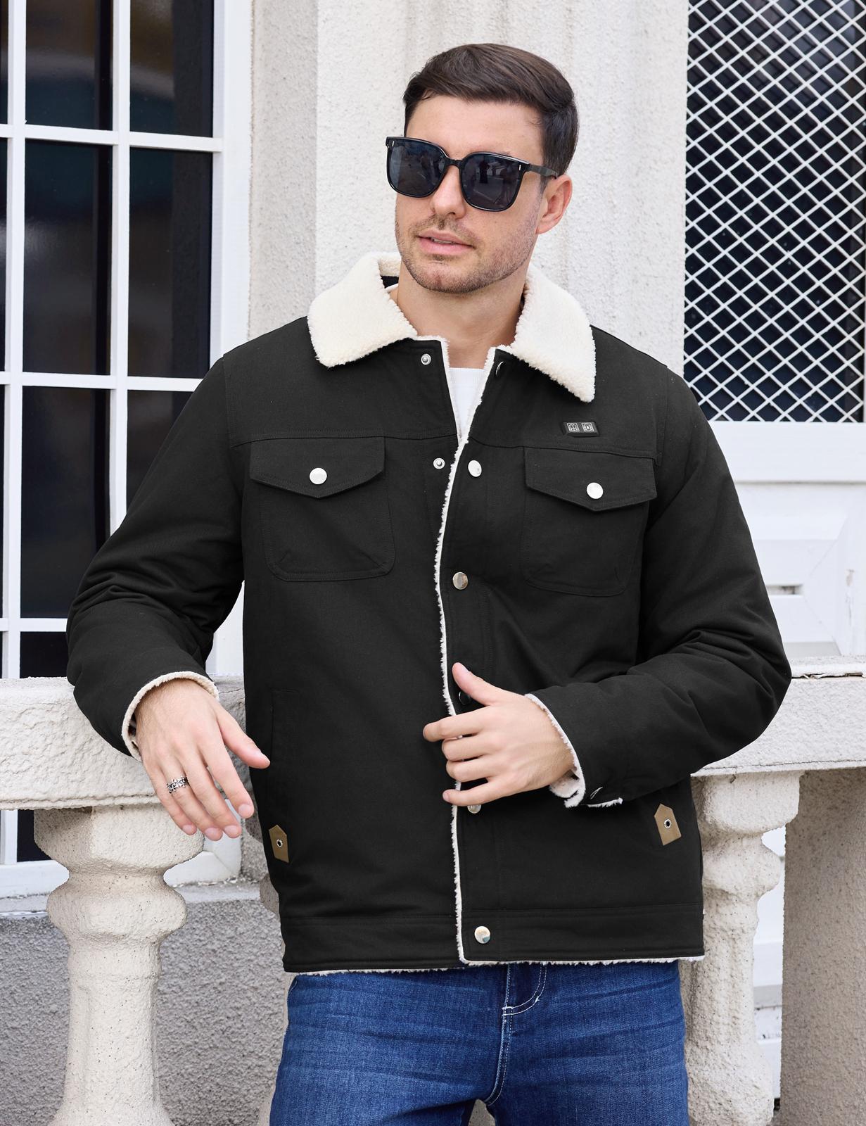 UMIPUBO Men's Heated Fleece Jacket with 5 Heat Zones, Sherpa Lining, Snap Closure, Warm Winter Outdoor Coat