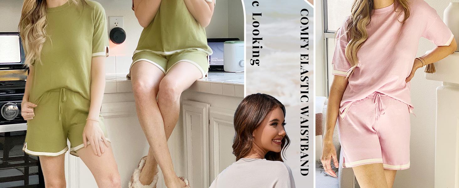 Ekouaer women's 2-piece knitted round neck short sleeved top with drawstring shorts set, 2-piece casual home wear