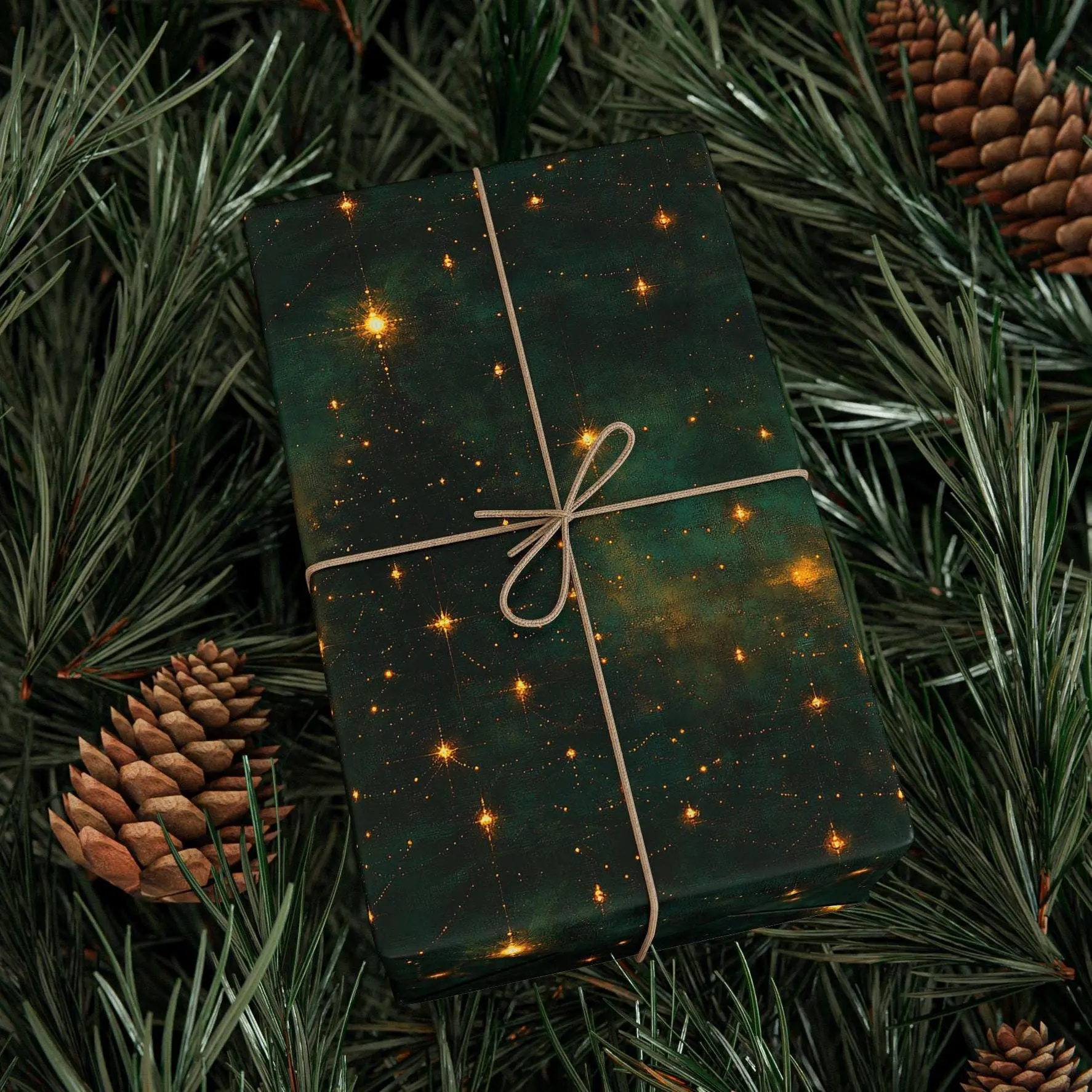 Celestial Gold Wrapping Paper Christmas Night Gift Wrap Starry Green Galaxy Paper Night Sky Gift Wrap Cosmic Party Paper Holiday Sparkle , Best of gift, Meaningful gift. (Get 1 paper cutter when buying any 5 rolls)