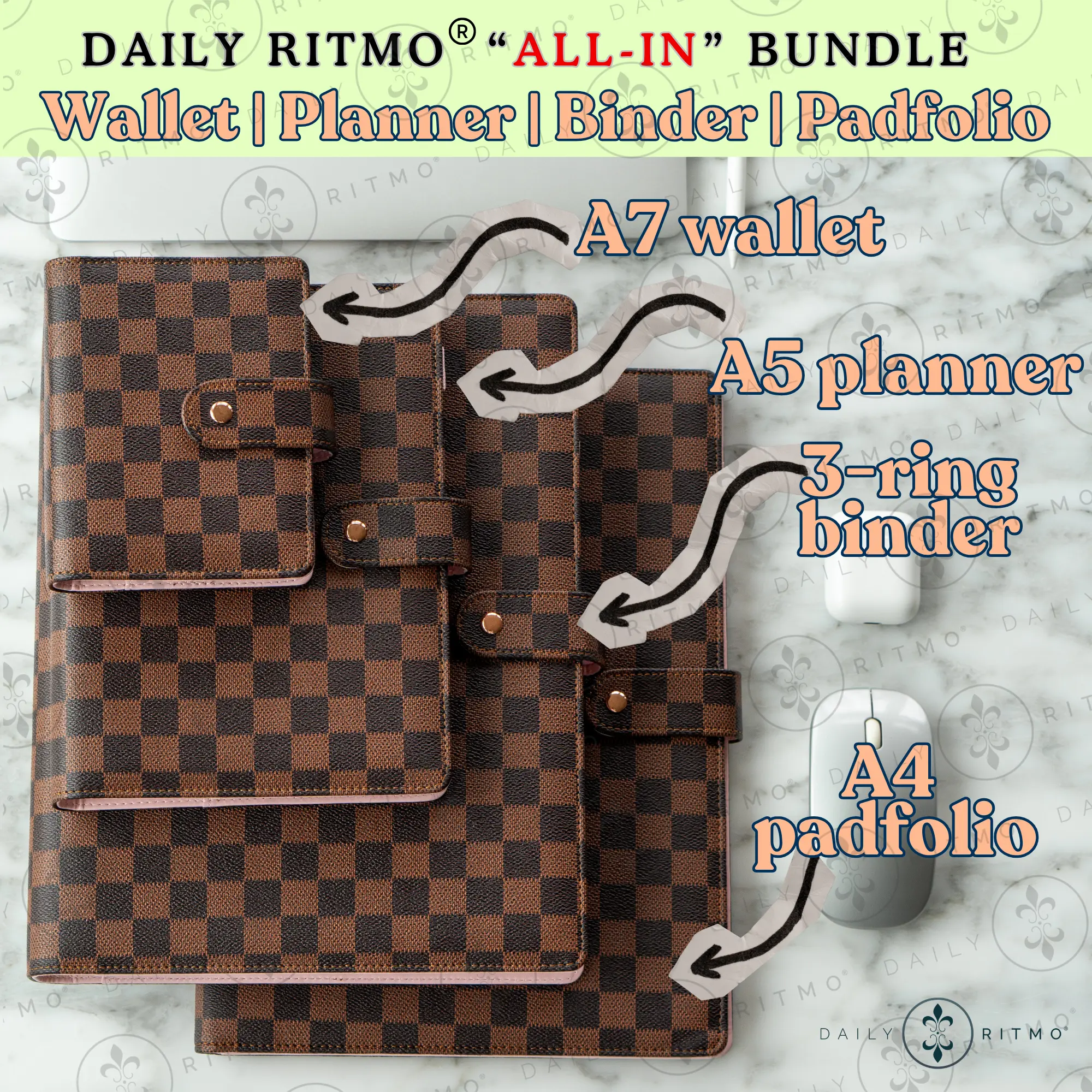 DAILY RITMO "ALL-IN" Office Stationery Supplies Bundle - A7 Mini Wallet, A5 Planner, 3-Ring Binder, A4 Padfolio A7-A4 Set for Work/School Adult Gifts, Organization, School Supplies, Office Accessories
