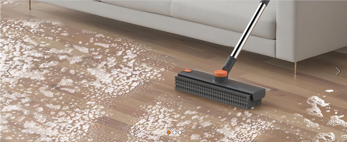 Multifunctional 3 in 1 Scrub Brush with Long Handle & Squeegee Shower Floor Cleaning Broom for Tile Deck Patio Wall Grey 180° Stiff Bristle Brush Full Rotation Smooth Silicone Squeegee Adjustable Extended Handle