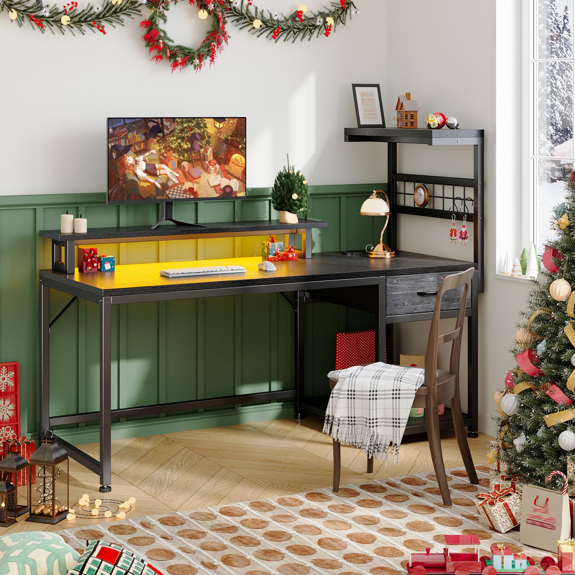 【Cost-effectiveness】Raybee 48'' Gaming Desk with Drawer,Computer desk with LED Lights & 3AC Power Cord & Outlets,Home Office Desks with Monitor Stand,Side Shelf,Metal Frame