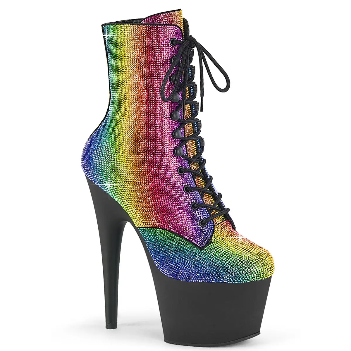 Women's Rainbow Rhinestone Ankle Boots - 7 In High Heel Platform Lace-Up Footwear with Inner Side Zip, 7-Inch High Heel, Ankle Length, Shoe, Rhinestones, Night Out, All Over Print