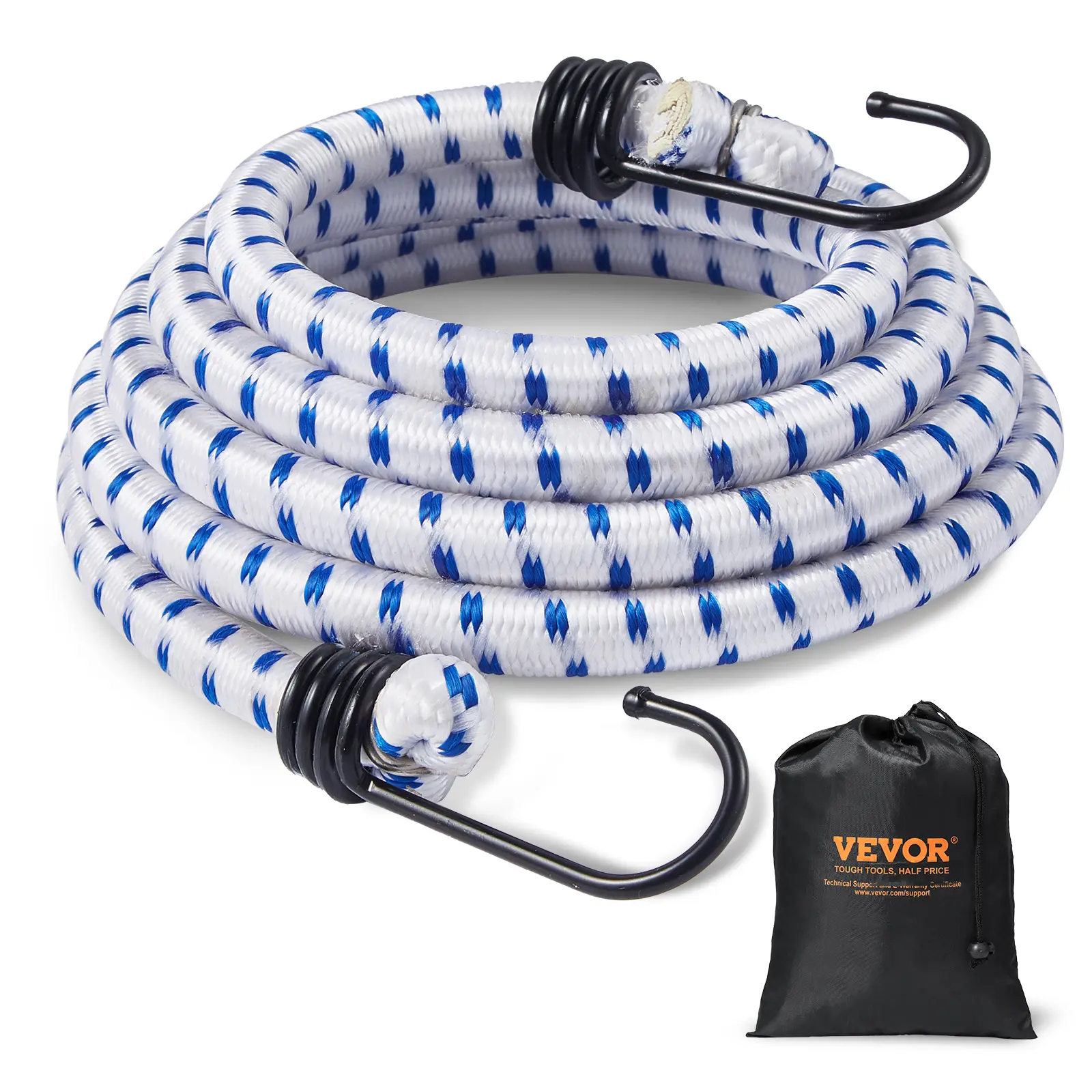 【Summerfinds】VEVOR 6 Piece Bungee Cords with A3 Steel Hooks 72 Inch Heavy Duty Bungee Straps12 mm Elastic Bungee Ropes Set for CampingTarpsMotorcycleTruck and TentWhite with Blue Stripes