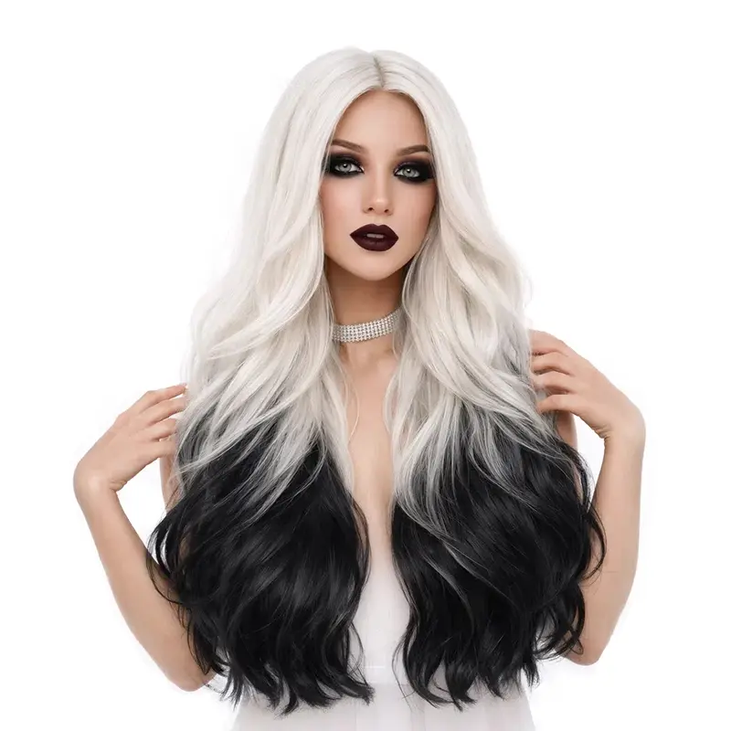 ZIHAN Long Wavy Synthetic Wig, 2-Tone Black-White Unisex Costume Wig for Halloween, Cosplay Events, Wigs