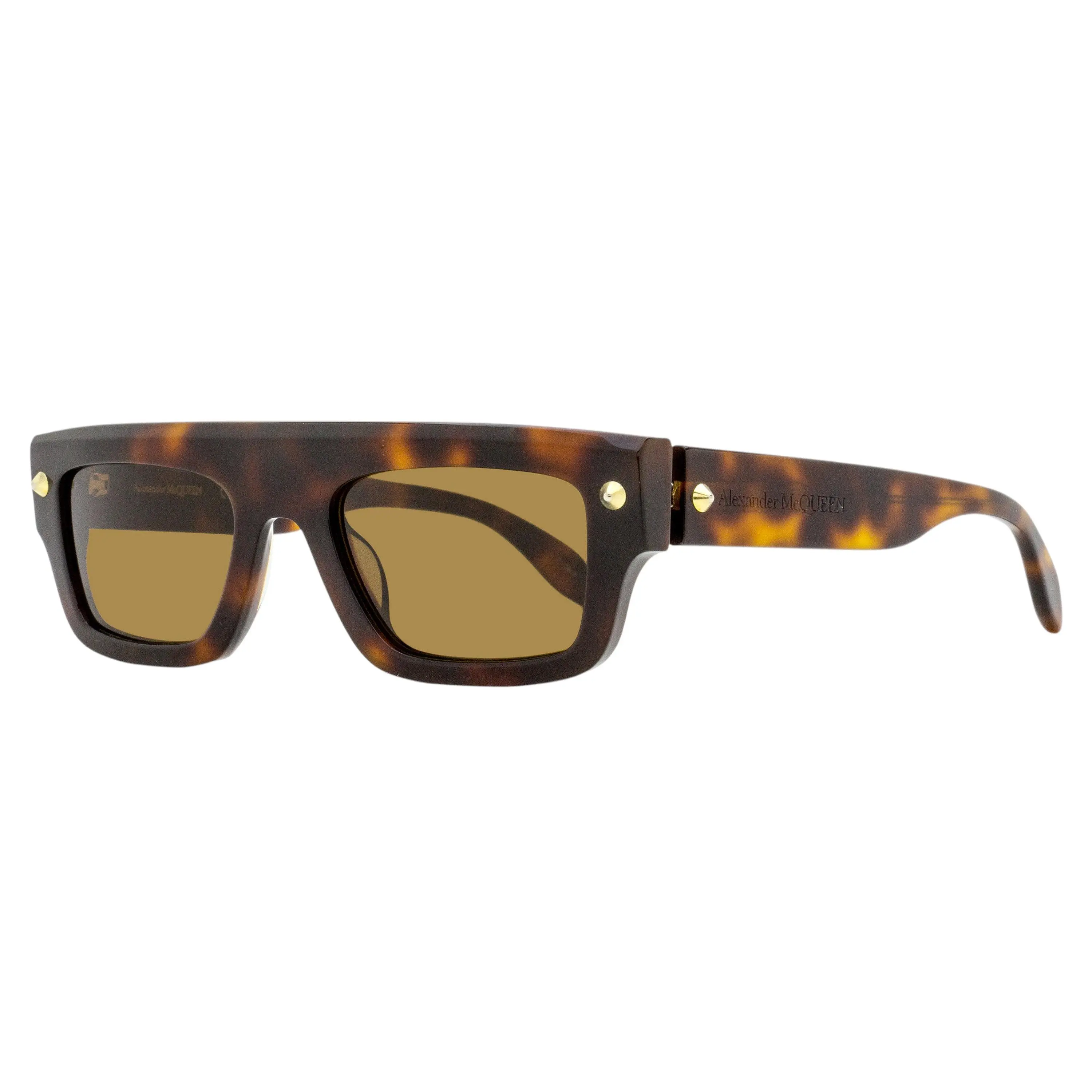 Alexander McQueen Flat Top Rectangle Sunglasses, AM0427S 002 Havana, 52mm, Metal Studs, UV Protection, Bio-Nylon, Recycled Acetate, Challenging Convention, Aesthetic Men's Sunglasses, Functional In Addition To Fashion, Spike-Inspired Metal Studs, Male
