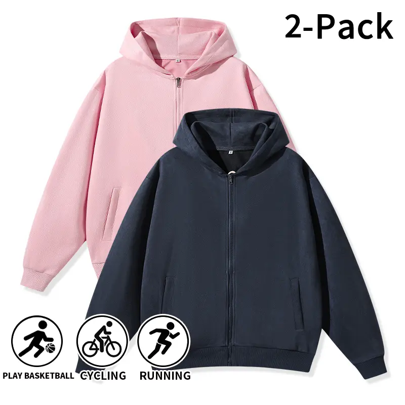 Men’s 2-Pack Plain Zip-Up Hoodies - Loose Long-Sleeve Hooded Tops, Menswear Sweatshirts in Pink, Navy Blue, Suitable for Casual Wear, Basketball