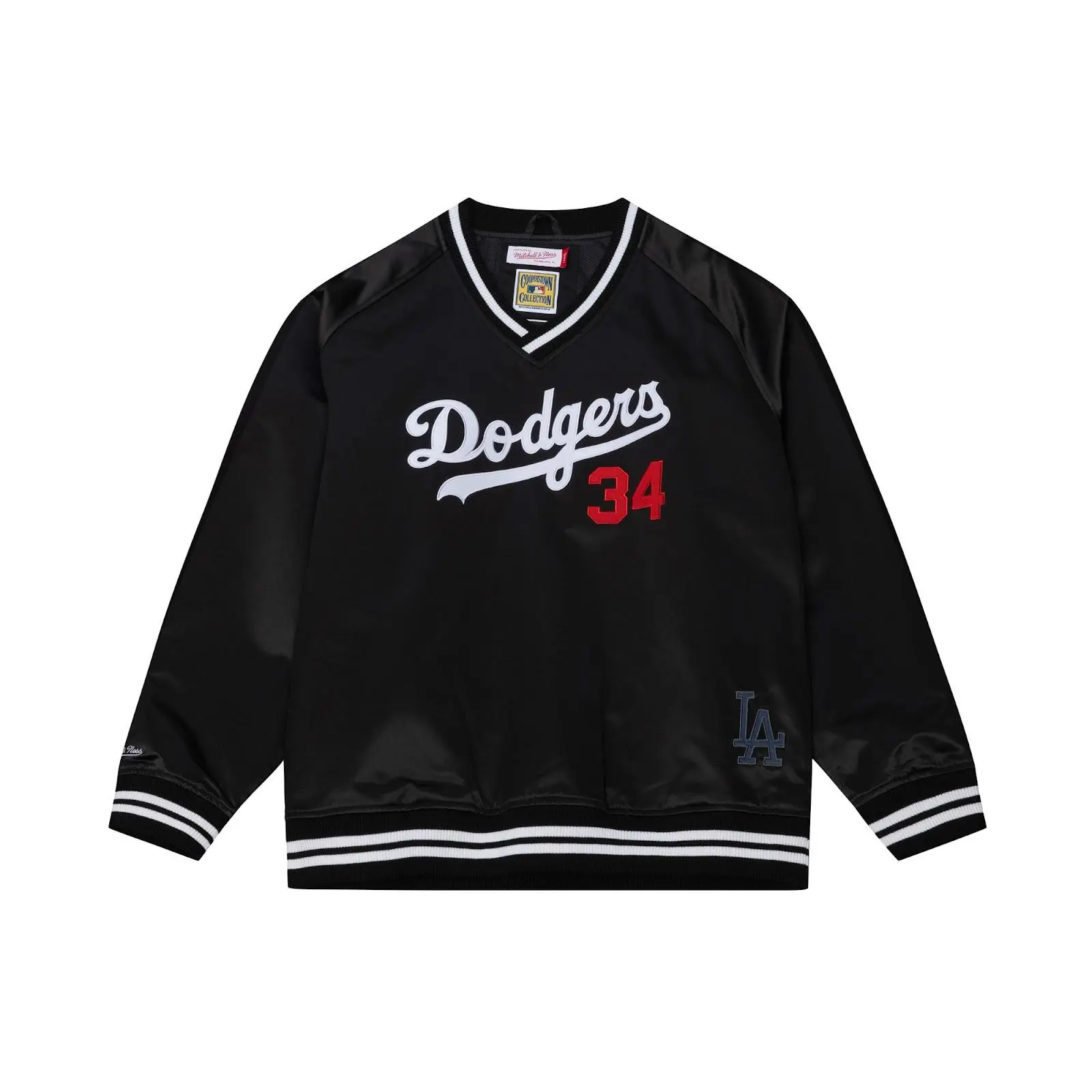 Mitchell & Ness Men's Long Sleeve Black Cooperstown Vintage Satin Pullover - Fernando Valenzuela Los Angeles Dodgers Team Graphics, Shell Fabric