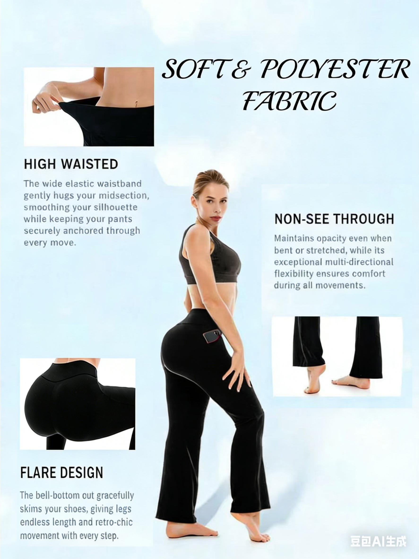 1-Pack Black Plus Size High-Waisted Flare Pants, Tummy Control Stretch Wide-Leg Bell-Bottoms with Pockets, Stretch Pockets Casual Formal All-Season Wear, Wide-Leg Flare,  High-Waisted Tummy Contro