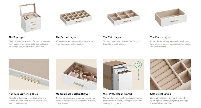 SONGMICS HOME Jewelry Box with Glass Lid, 4-Layer Jewelry Organizer, 3 Drawers, for Sunglasses, Jewelry Storage, Modern Style