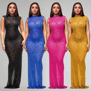 rodeo outfits women 2025 Fall Diamonds Hot Rhinestones O-neck Women Sleeveless Bodycon Long Dress Birthday Party Evening Prom Maxi Dresses Formal Womenswear Workwear Basic Gold Minimalist