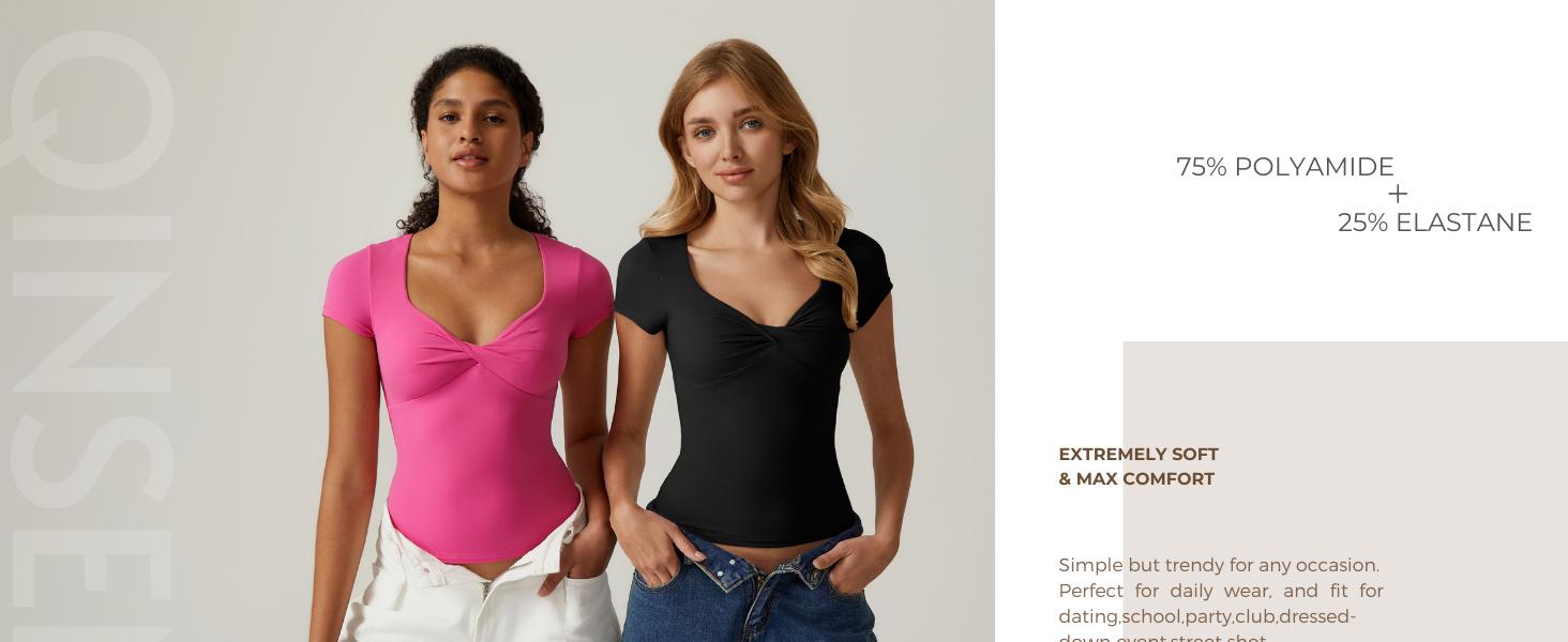 QINSEN Women's Sexy Twist Front V Neck T Shirts Double Lined Short Sleeve Slim Fit Crop Top Trendy Y2K Tops Tee Basic Comfort