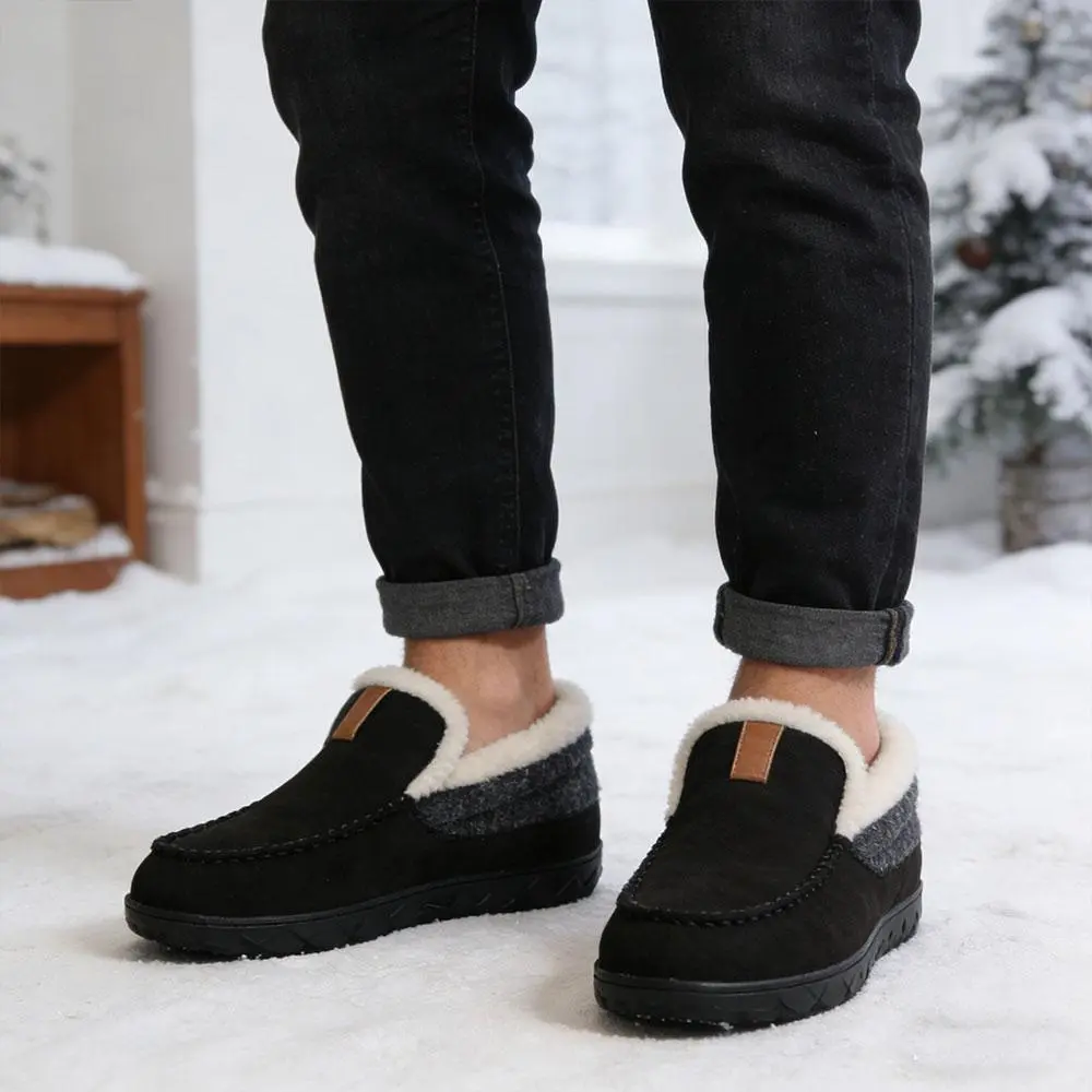 Men's Winter Velvet Home Slippers - Classic Stitched Upper, Soft White Plush Lining, Non-Slip Wear-Resistant Rubber Outsole, Cozy Aesthetic Men's Fashion Shoe, Footwear for Autumn-Winter Study Bedroom Comfort, Slide Slippers, Cozy Aesthetic Men's Fashion