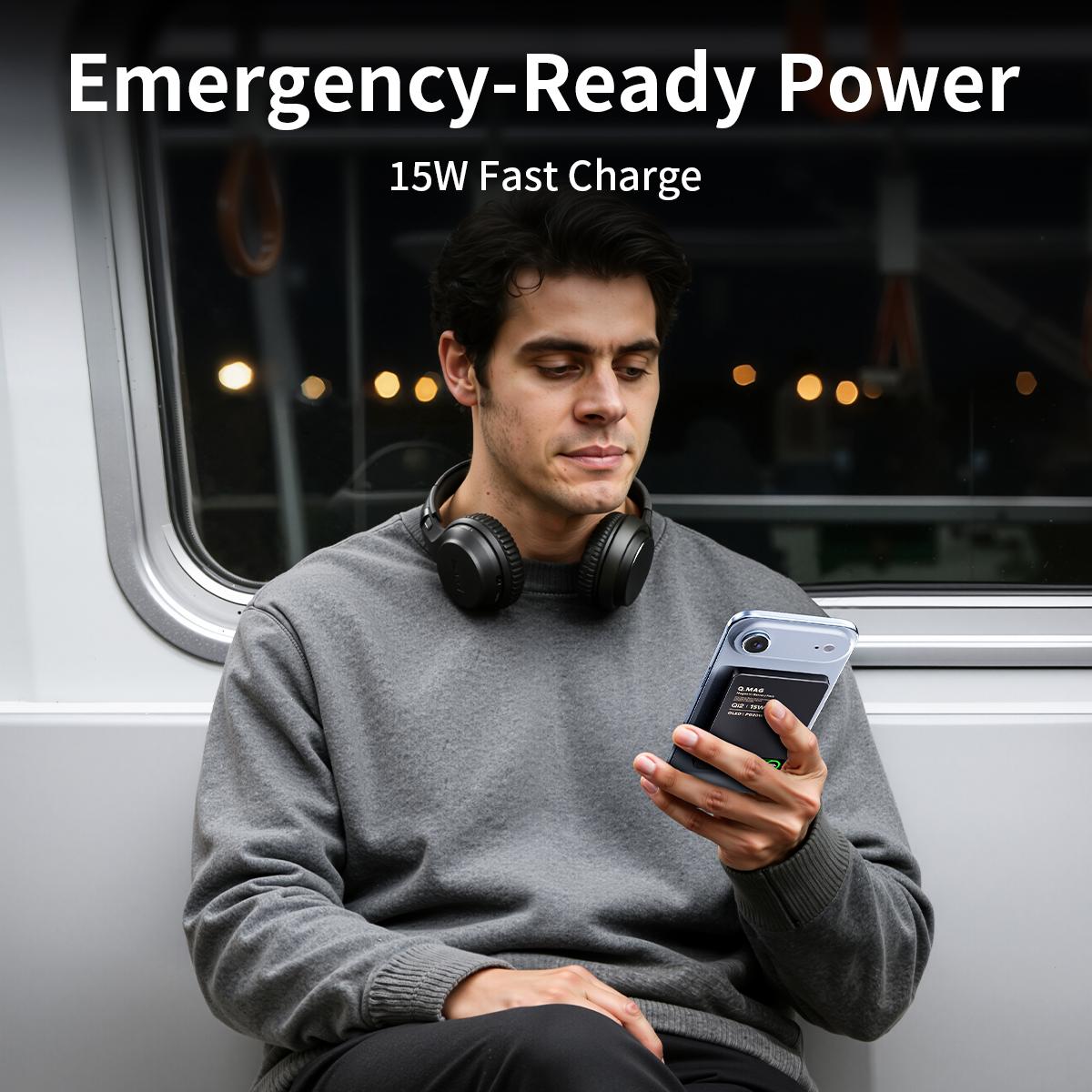 Magnetic MagSafe Wireless Power Bank 15W Fast Charging 5000/10000mAh Ultra Slim 0.35 Inches Card-Style Portable Charger Battery Pack with USB-C Cable Compatible with iPhone and Android Smartphones Watch Wireless Headphones with Aluminum Metallic Texture