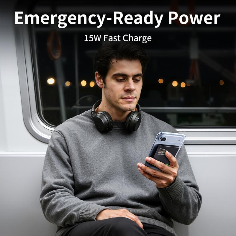 Magnetic MagSafe Wireless Power Bank 15W Fast Charging 5000/10000mAh Ultra Slim 0.35 Inches Card-Style Portable Charger Battery Pack with USB-C Cable Compatible with iPhone and Android Smartphones Watch Wireless Headphones with Aluminum Metallic Texture