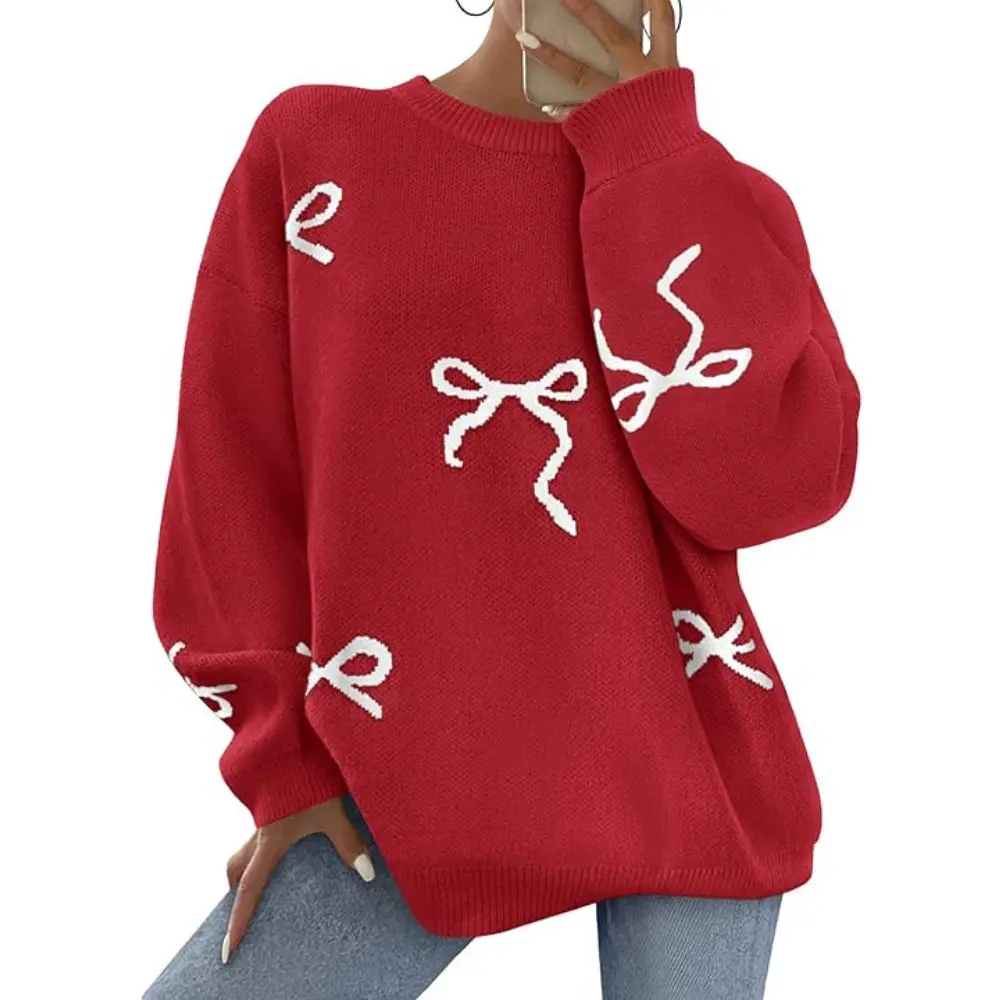 PRETTYGARDEN Fall Long Sleeve Pullover Sweaters for Women Trendy Crewneck Casual Cute Bow Chunky Knit Oversized Sweater
