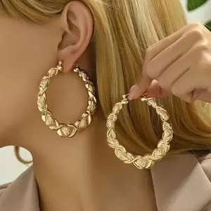 1 Pair Boho Chic 18K GoldenPlated Large Hoop Earrings with Intricate Braided Pattern Smooth Emed Carved Design Stainl Steel Posts Perfect for Women Girls Novelty Earrings