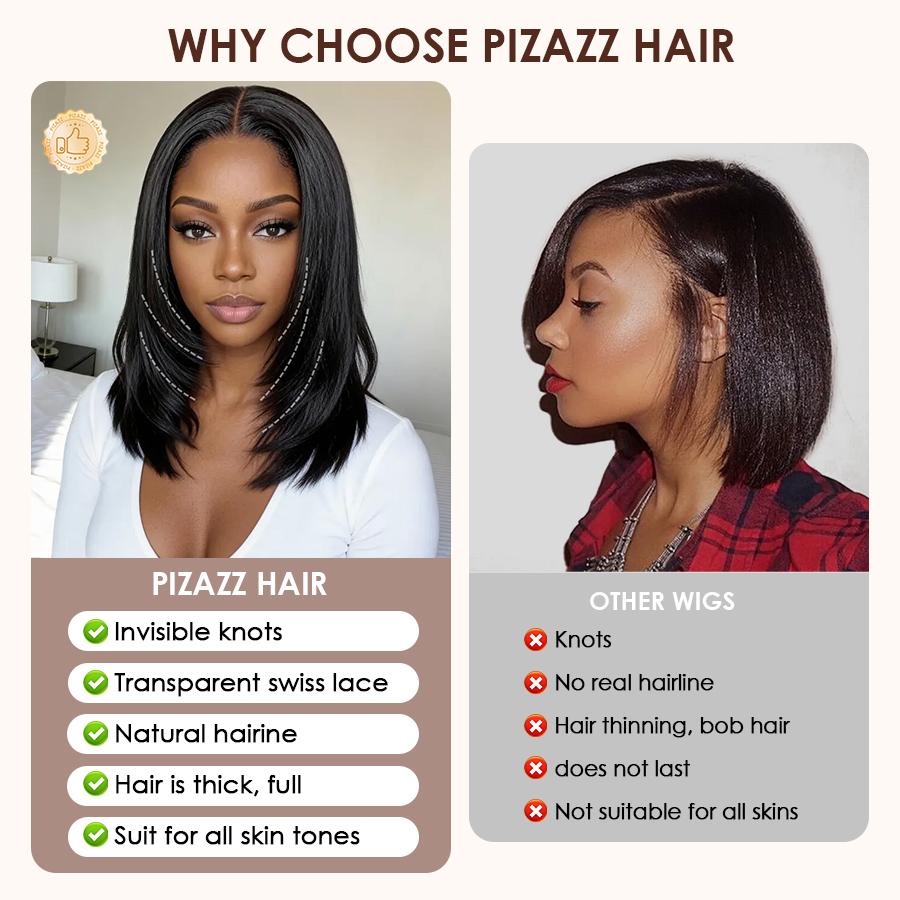 Pizazz Hair Glueless Layered Cut Yaki Straight Short Bob Wig with Drawstring 220% Density Pre-cut 5x5 HD Lace Human Hair Wigs with Bleached Knots Pre Plucked Natural Hairline