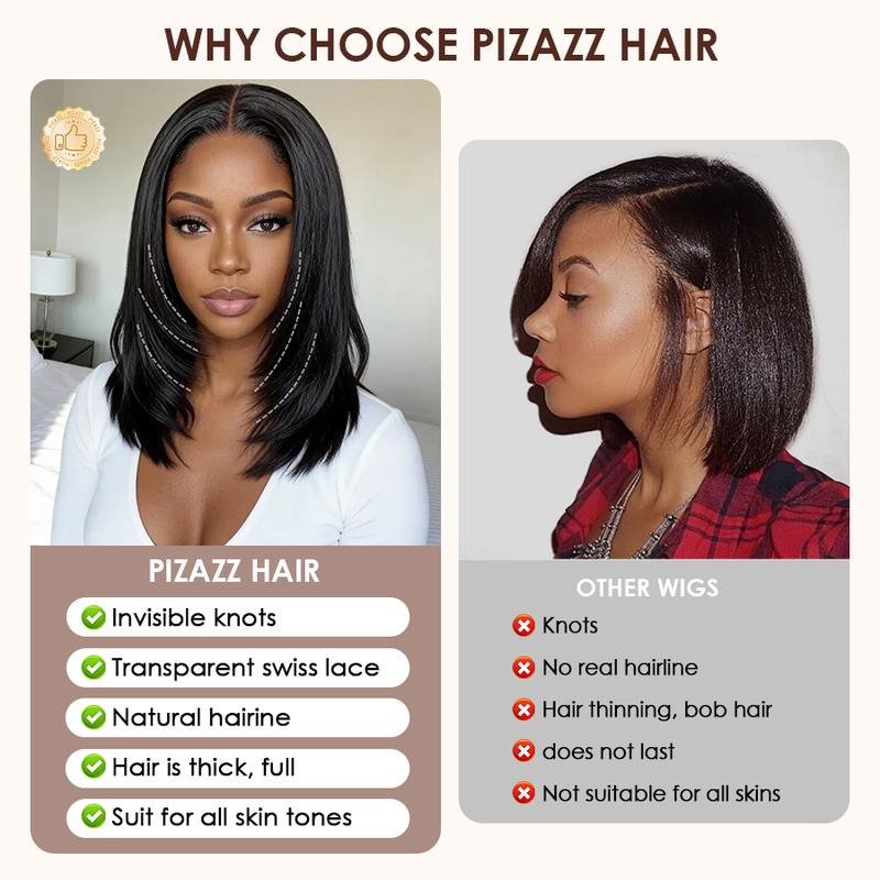 Pizazz Hair Glueless Layered Cut Yaki Straight Short Bob Wig with Drawstring 220% Density Pre-cut 5x5 HD Lace Human Hair Wigs with Bleached Knots Pre Plucked Natural Hairline