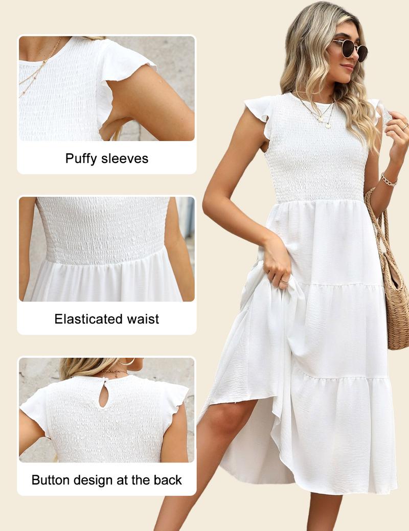 UMIPUBO Summer Flutter-Sleeve Ruched Layered Maxi Dress Casual Womenswear Summer Basic Minimalist