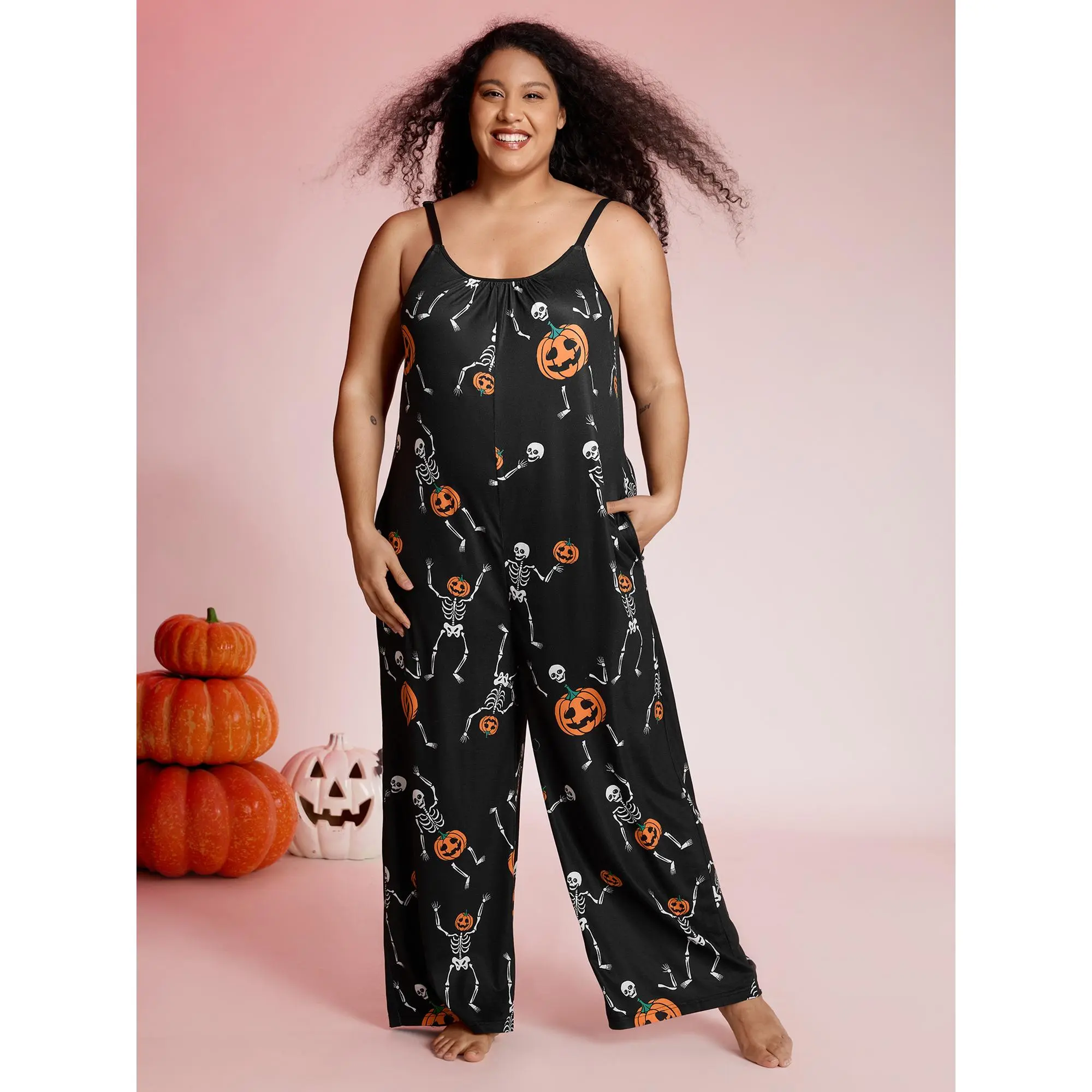 BLOOMCHIC Women's Polyester-Spandex Pumpkin Printed Slim-Fit Lounge Jumpsuit , Round Neck, Side Pockets, Low Iron, Cold Wash, Wash with Like Colors, Garment, Fabric