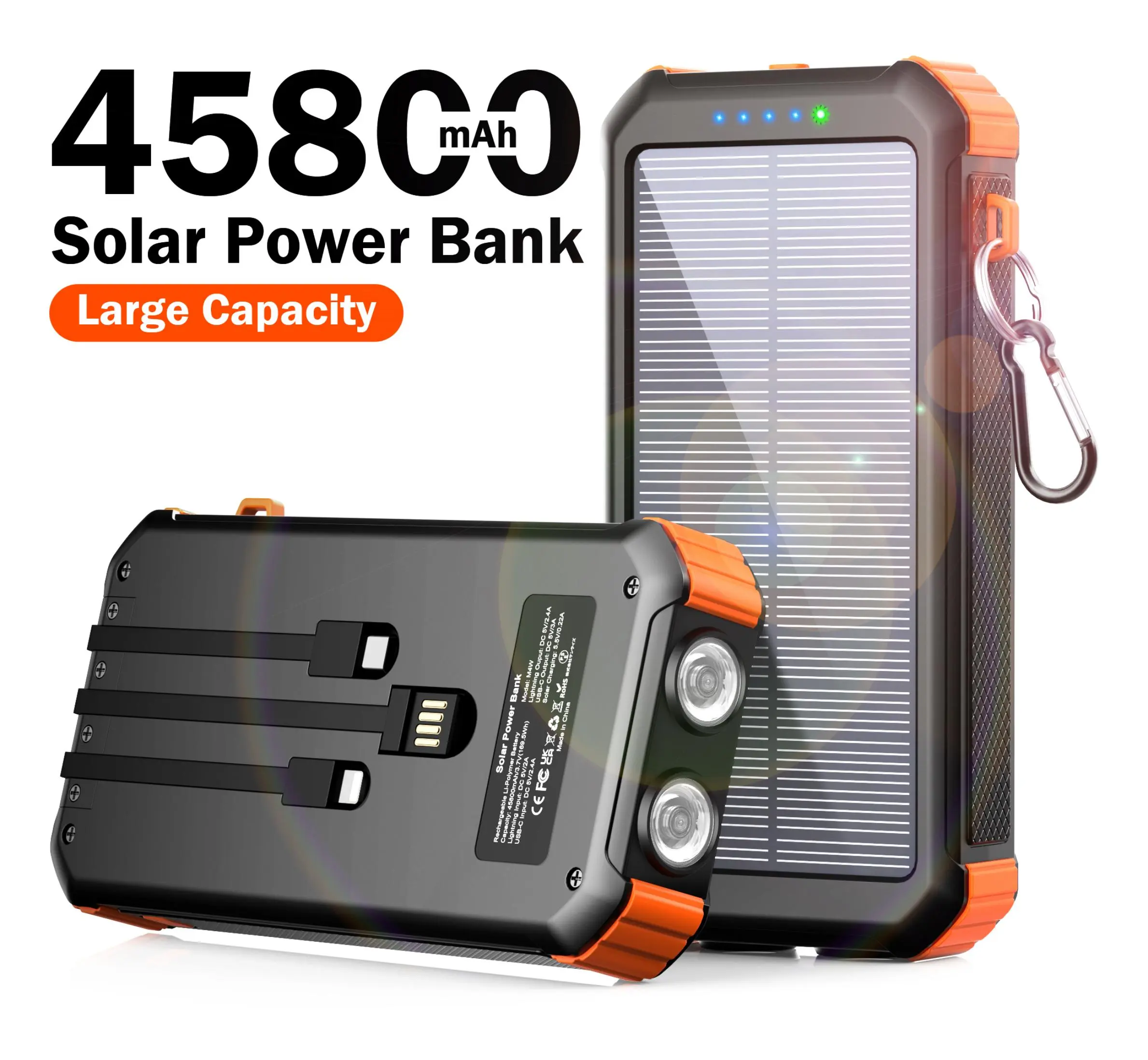 45800mAh Solar Power Bank, Built in 3 Cables Portable Phone Charger with USB C, 5V3.1A QC 3.0 Fast Charging, Compatible with iPhone, Samsung, Google, Apple, and More Smartphone tiktokshopbacktoschool