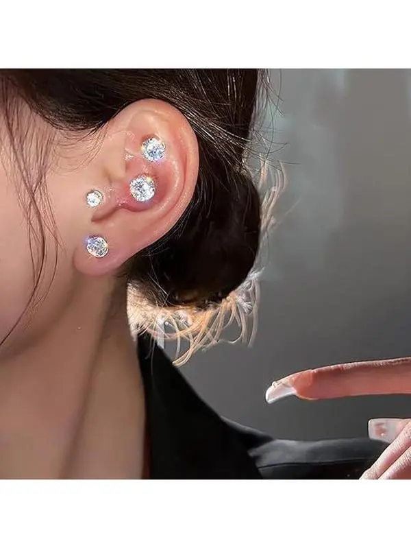 4 pairs of stainless steel ear piercing zircon magnets, six claw earrings, cochlear nails, ear clips, ear bone clips, ear accessories, no drilling required