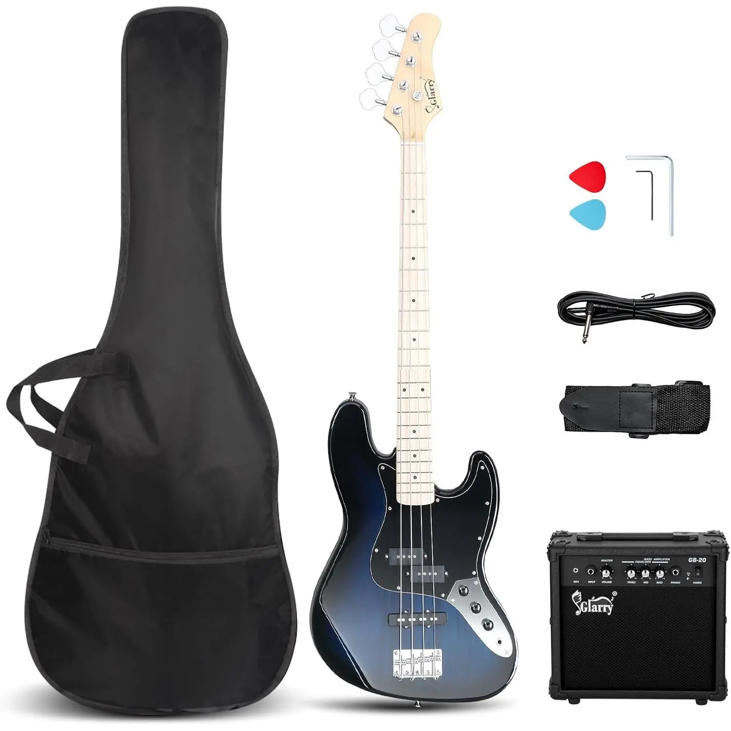 GLARRY Bass Guitar Full Size 4 String Exquisite Stylish Bass with Guitar Bag Power Line and Wrench Tool, Guitar Cord tiktokshopbacktoschool