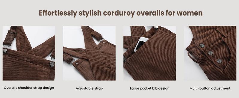 Naeduo Women's  Corduroy Overalls Wide Leg Bib Corduroy Underpants Women's Adjustable Jumpsuit Pocket