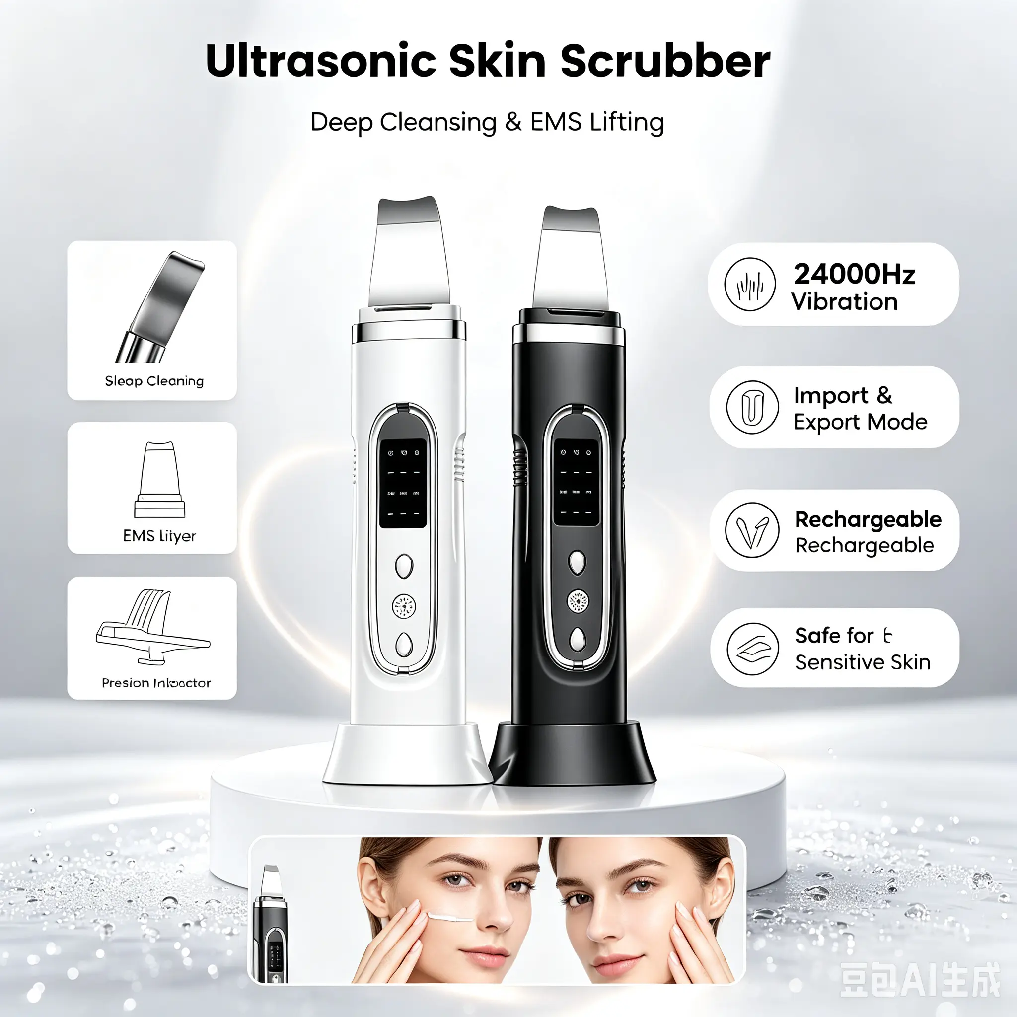 Unisex Ultrasonic EMS Facial Scrubber Skin Spatula - Pore Cleaner for Blackhead Removal, Cleansing Facial Beauty Device