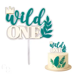 Wild One Acrylic Cake Topper, Double Layer Design Clear and Green with Gold Letters, 6.2 x 5.5 Inch