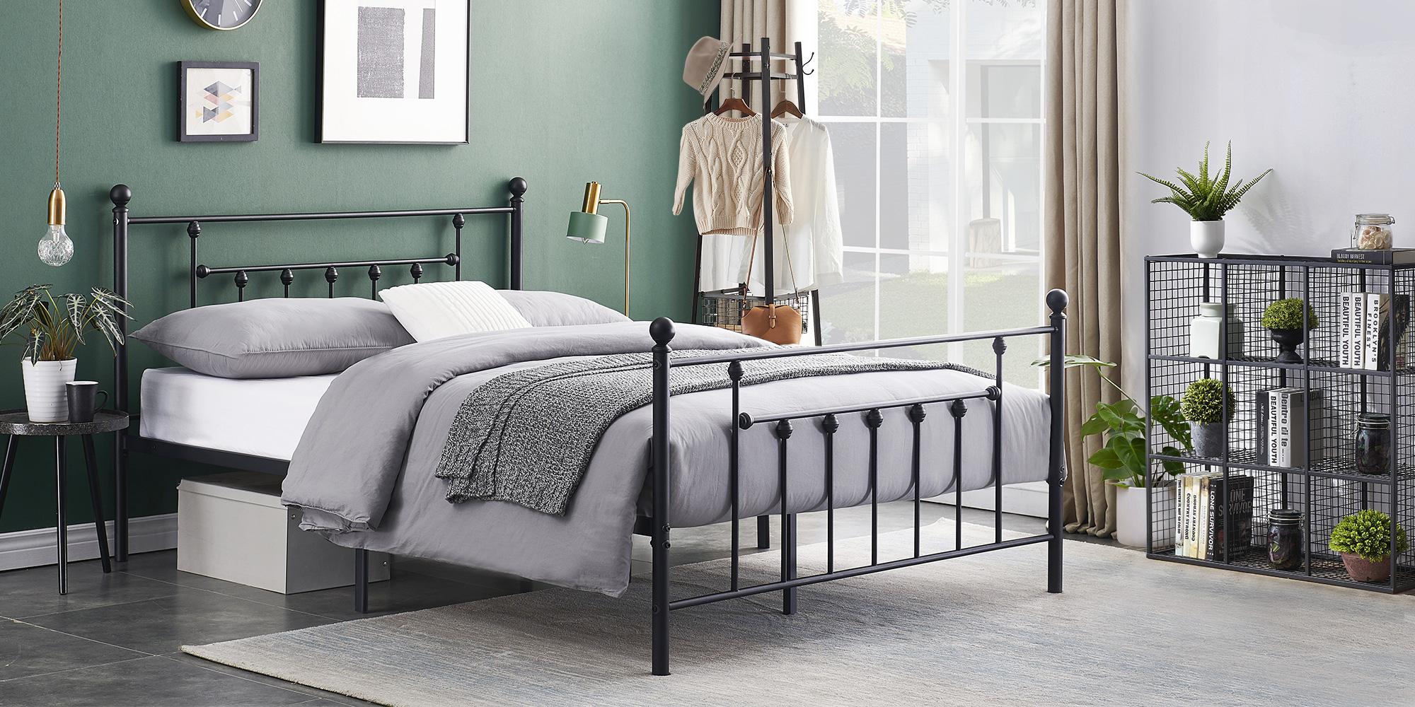 VECELO Modern Metal Bed Frame with Headboard and Footboard,Queen Twin Full Size,Industrial Victorian Style, Heavy Duty Steel Platform Black and White