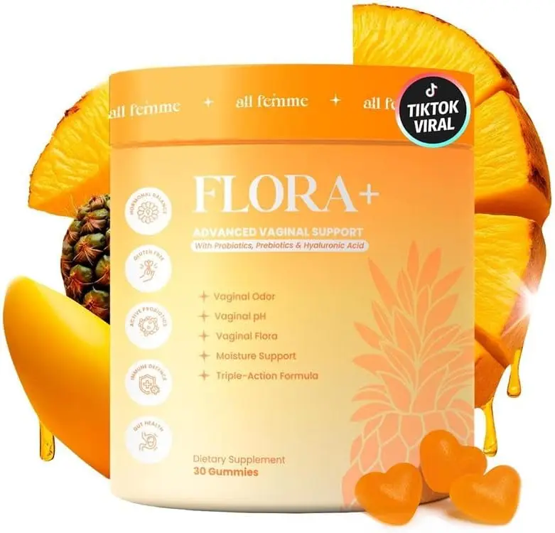 AllFemme Flora+ Vaginal Probiotic Gummies for Women - pH Balance, Odor & Freshness Support with Prebiotics + Hyaluronic Acid - Sugar Free Pineapple Vegan Gummies - 30 Count Fitness Vitamins Edible