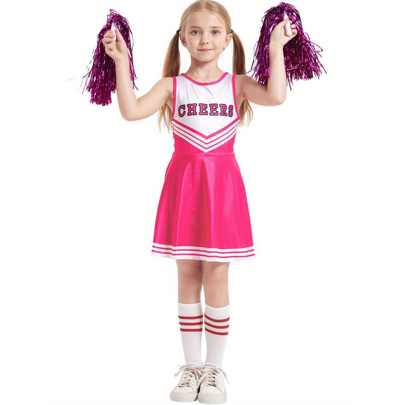 Plus Size Flyer Cheer Children'S Cheerleading Uniform Set, Kindergarten Girls' Cheerleading Uniforms, Stage Performance And Campus Cheerleading Uniforms, Including Socks And Pom-Poms, Ideal For Outdoor Activities