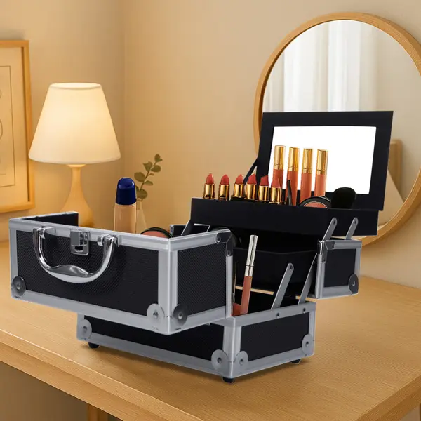 Durable Aluminum Accordion Makeup Train Case - Home Organizer Storage Box with Built-In Mirror, Reinforced Wide Opening, Available in Pink/Black/Silver