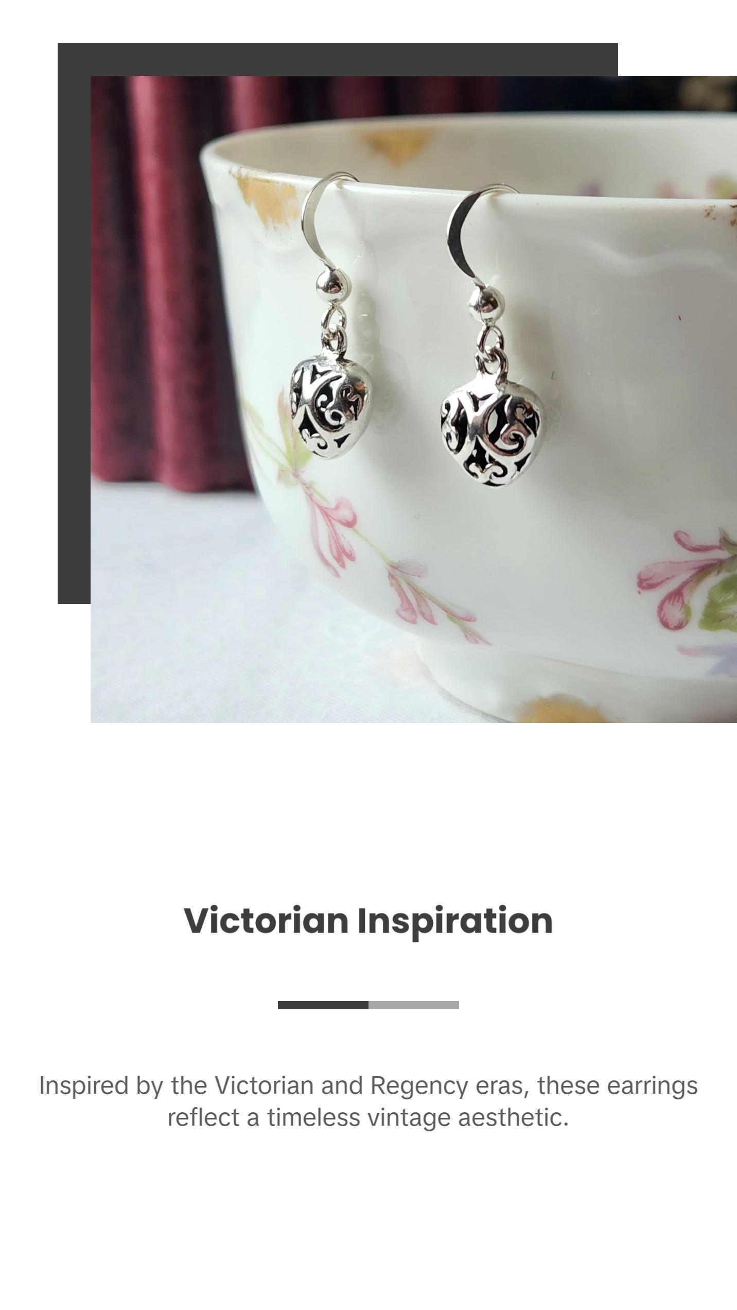 Whimsy Gothic Sterling Silver Filigree Heart Earrings | Cottagecore Jewelry Victorian Dangles