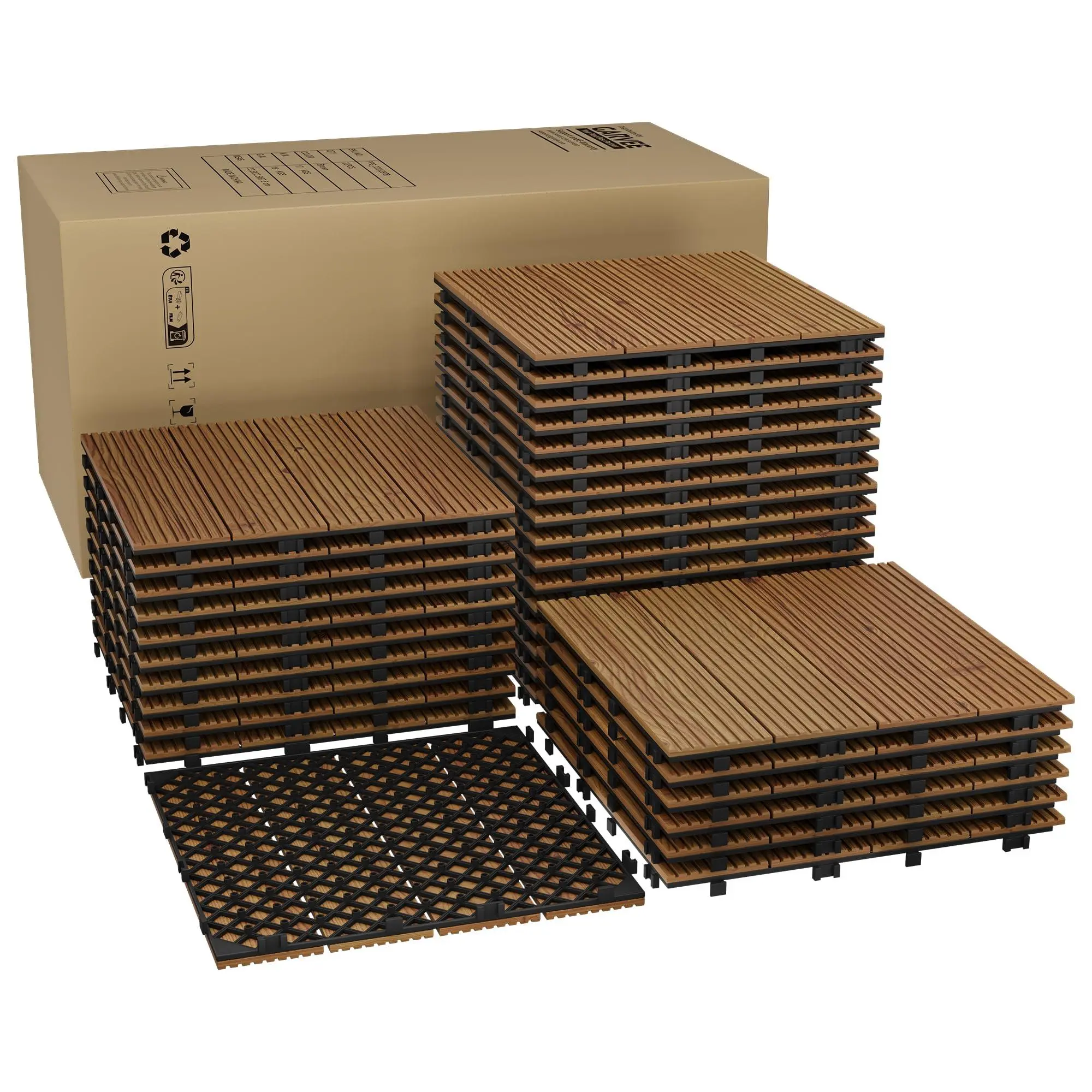 33 PCS Snap-Together Interlocking Acacia Wood Deck Tiles, 12"X12" Solid Flooring with Wood Grain, Reinforced Grip & All-Weather Waterproof for Outdoor Patio, Indoor Balcony (Brown, Natural Look)