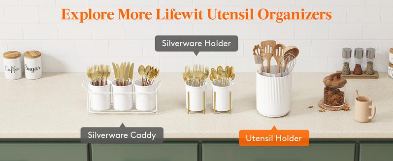 Utensil Holder for Kitchen Counter, Cooking Silverware Caddy with Non-Slip Rotating Base, Large 3 Compartment Plastic Spoon Spatula