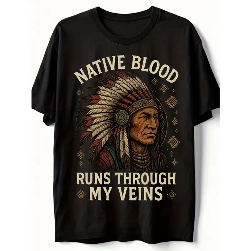 Women's Short-Sleeve Retro Print Cotton T-Shirt - Native Blood Runs Through My Veins, Indigenous Pride, Native American Heritage, Tribal Headdress, Chief Graphic, Feather, Round Neck, Vintage Casual Top, Fade-Proof Ink Fashion Apparel