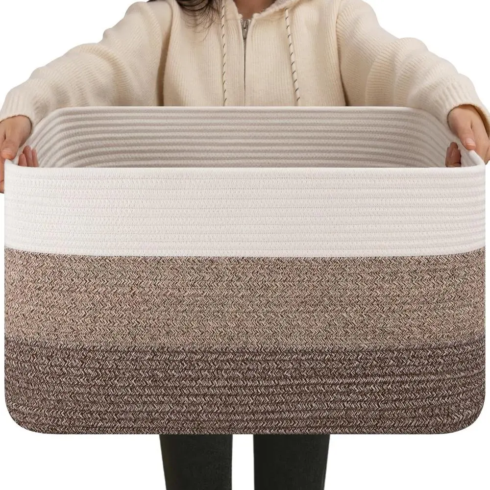 Large Woven Cotton Carry Basket with Sturdy Handles for Heavy Items - Double Threads, 1-Piece Gradient Dark Brown Decorative Rectangular Organizer for Living Room, Nursery, Laundry Storage, One-Piece