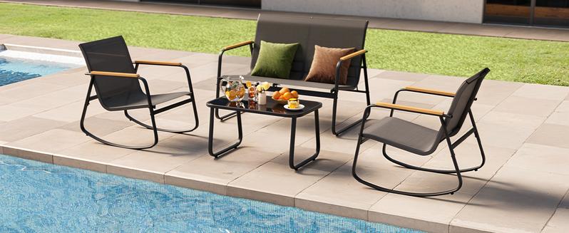 Gizoon 4-Piece Patio Furniture Set, Textilene Outdoor Conversation Set with 2 Rocking Chairs and Tempered Glass Coffee Table, for Lawn, Garden, Balcony, Poolside (Black)