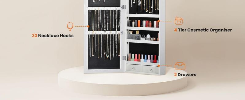【Valentine's Day Gifts】Full-Length Mirror Jewelry Cabinet, Wall or Door Mount, Organizer Armoire with Built-in Makeup Mirror, Lockable Storage with 2 Drawers,Good Gift Idea