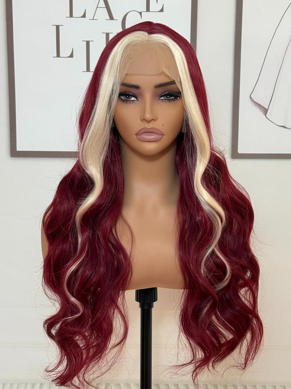 26 Inch Burgundy Red with Cream Blonde Highlights - Silky Body Wave Heat Resistant Fiber Wig Natural Hairline Red Highlight Wig