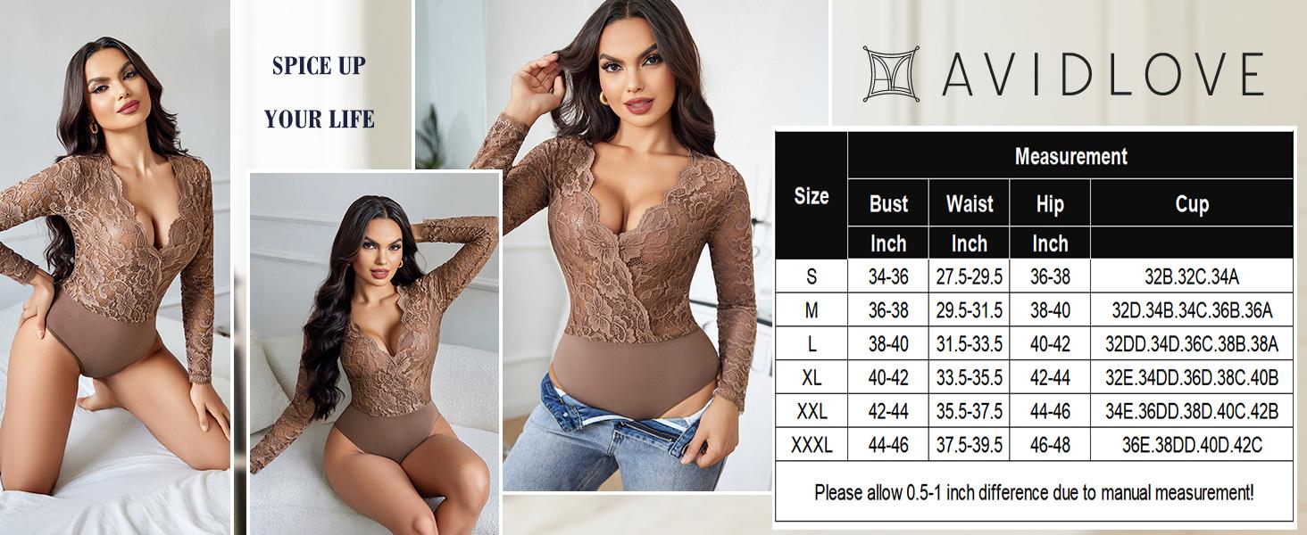 Avidlove Lace Bodysuit for Women Long Sleeve V Neck Body Suits Going Out Tops Snap Crotch One Piece Lingerie SpringStatements