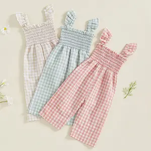 Infant Kids Summer Clothes Toddler Baby Girl Romper Jumpsuit Overall Pants Plaid Sleeveless Ruffle Halter One Piece Outfit