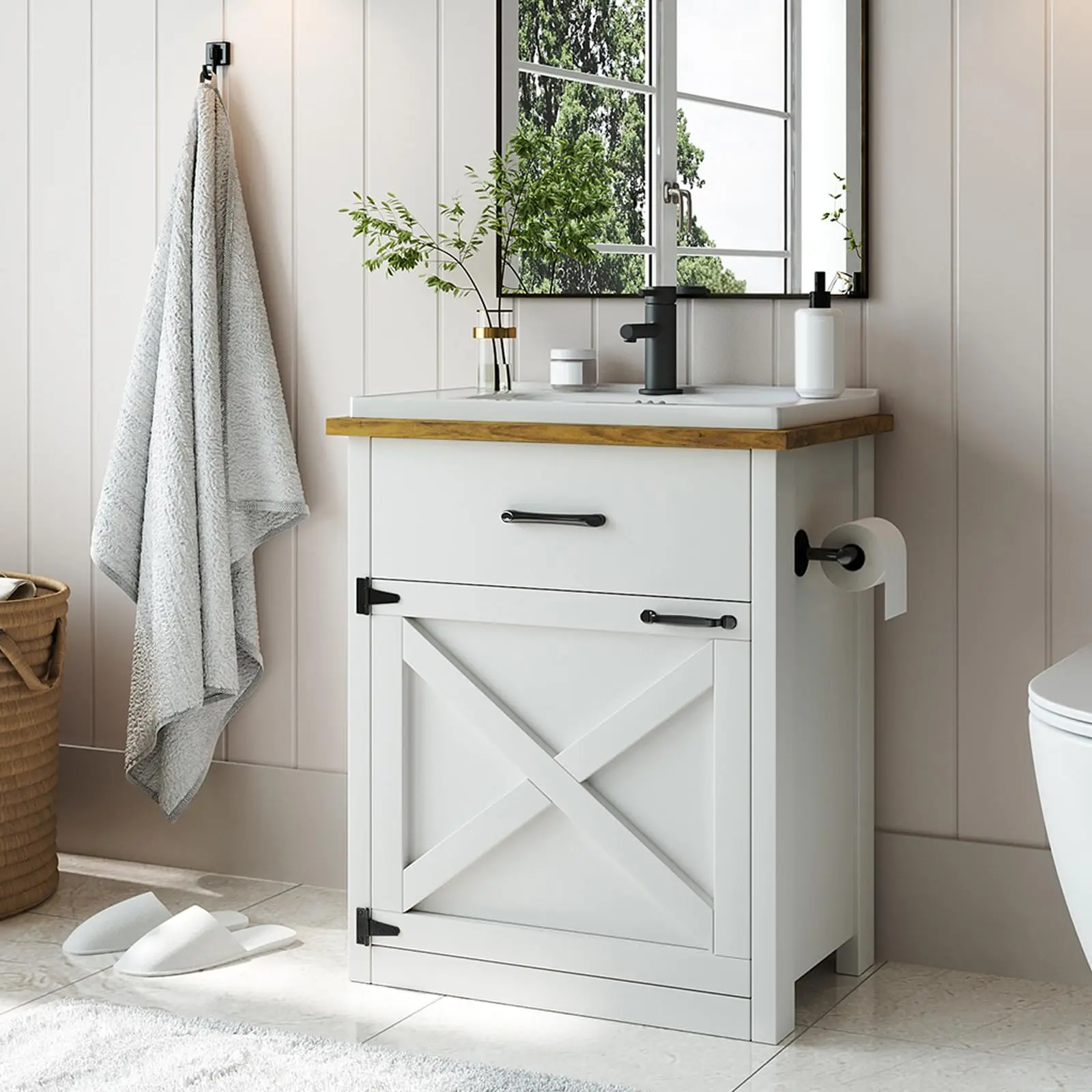 [SummerSale] HOMBCK 24 Inch Bathroom Vanity with Sink, Farmhouse Bathroom Vanity Cabinet with Drawer & Barn Door, Towel Bar#home essentials#back to school