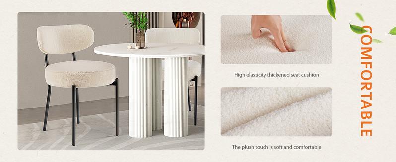 Set of 2 Dining Chairs Boucle Upholstered Kitchen Chairs with Curved Backrest & Metal Legs-Mid Century Modern Round Dining Room Chairs